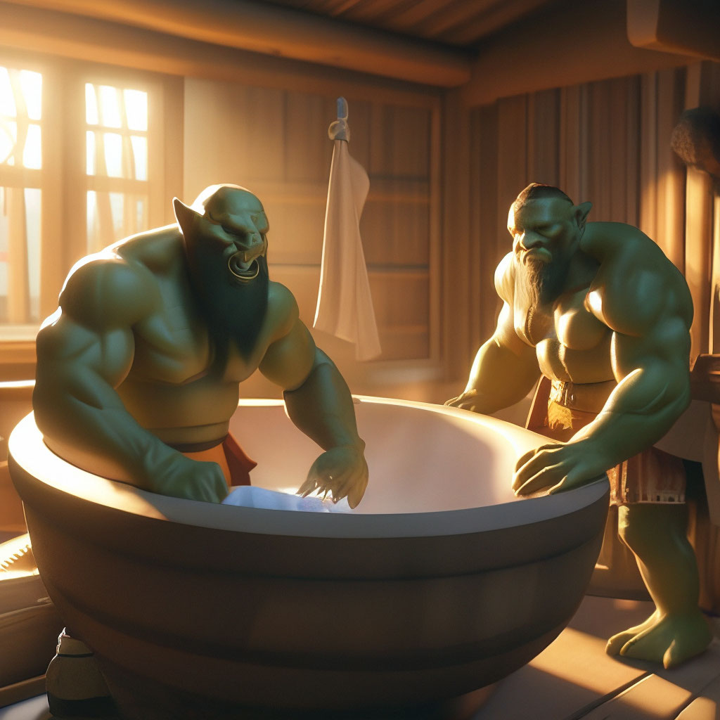 Два Орка моются в бане, деревянная…» — создано в Шедевруме