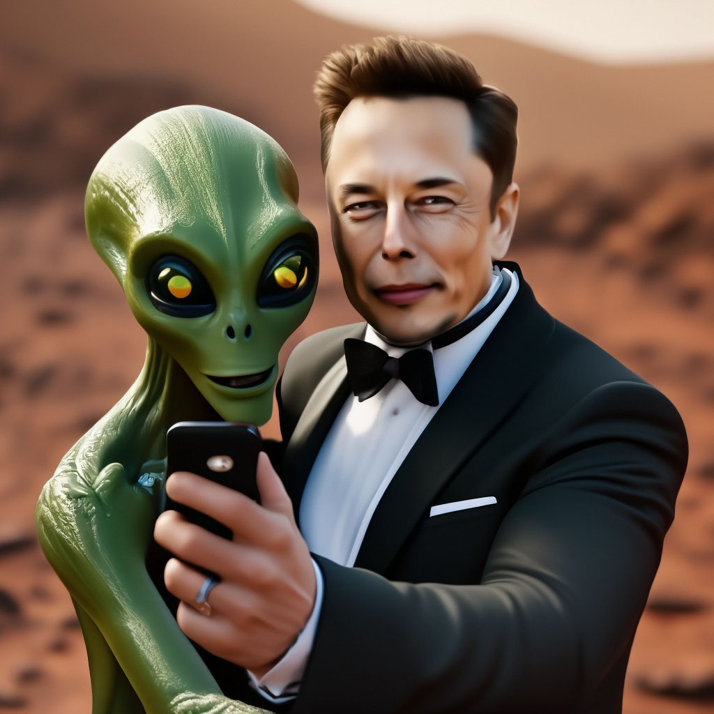 Elon Musk in a tuxedo takes a selfie …" — image created in Shedevrum