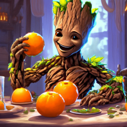«Cartoon fabulous groot is sitting at a table eating tangerines ...