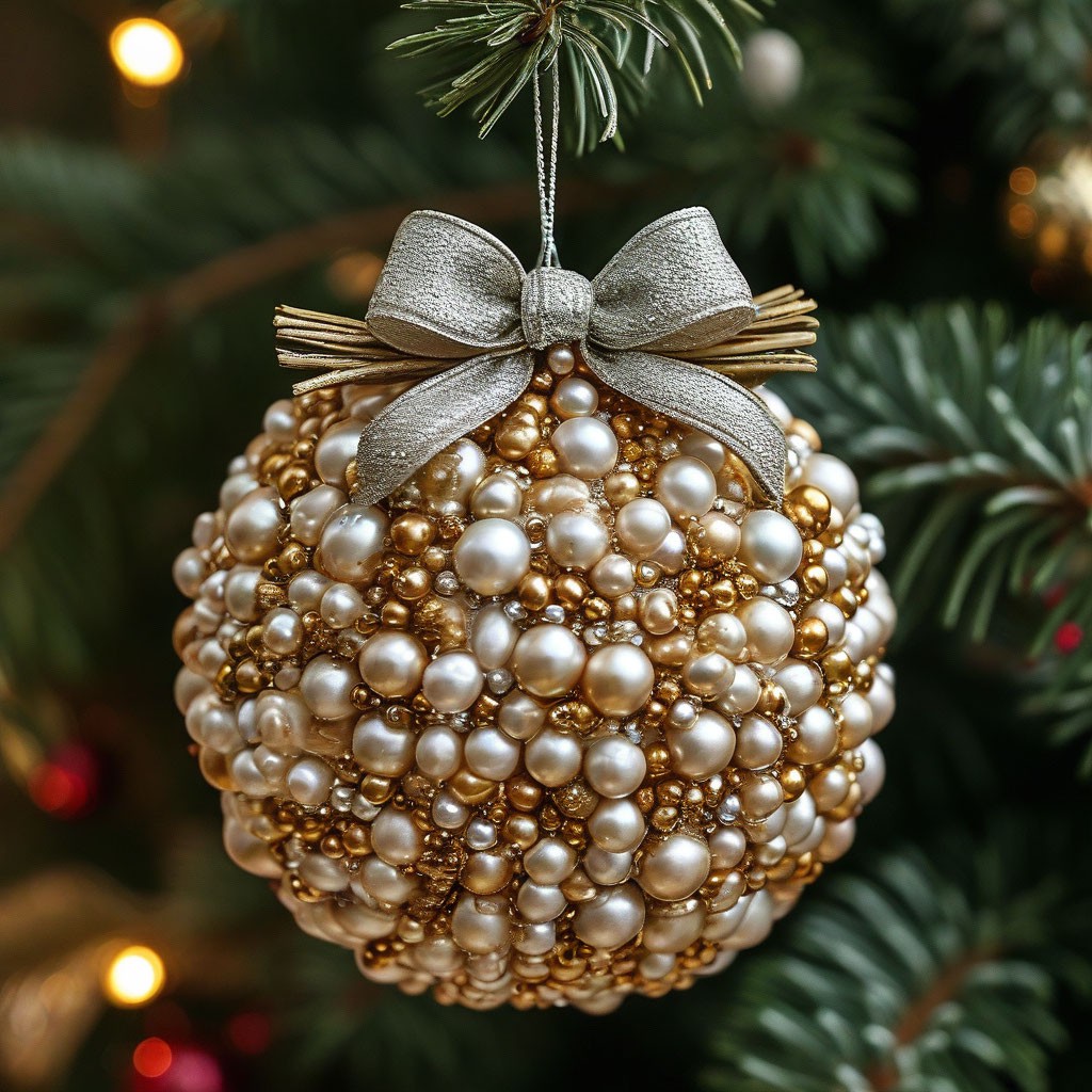 "The ball consists of large beads of gold and pearl color and a small ...