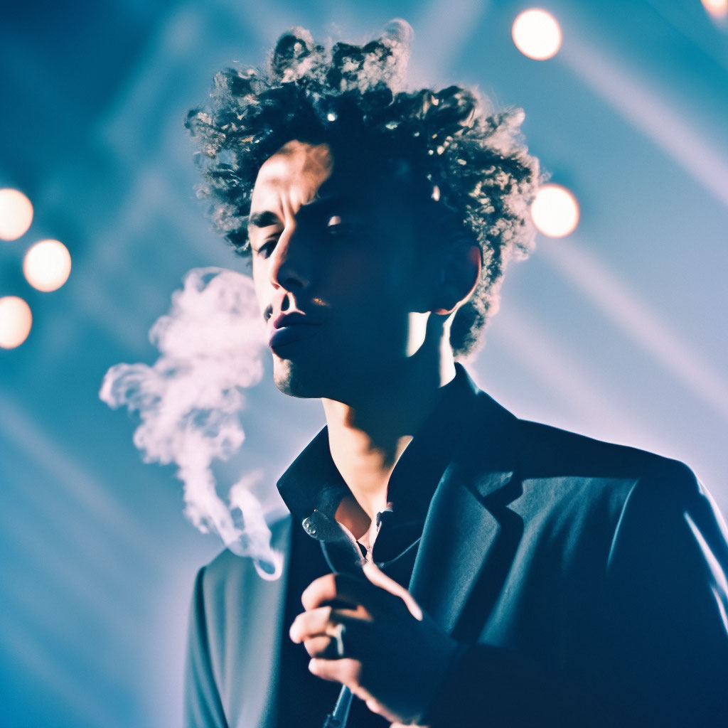 Gesaffelstein performs on a high stage, cigarette in hand, lomo,  aesthetics…