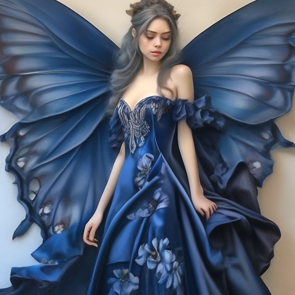Fantasy fairy lady, dark blue dress with a loose fit , ruffles, flower "   image created in Shedevrum