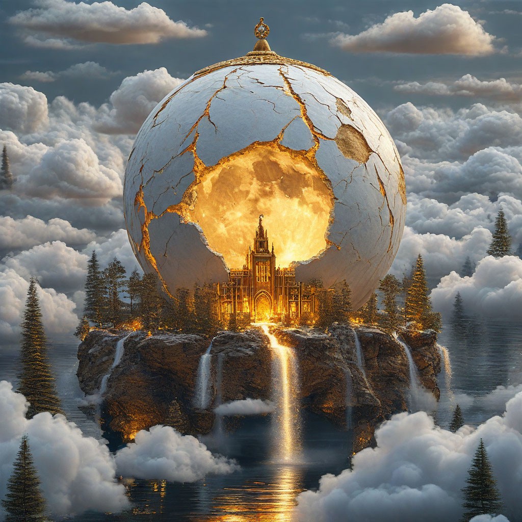 "🤔 A surreal landscape featuring a giant, white, cracked sphere ...