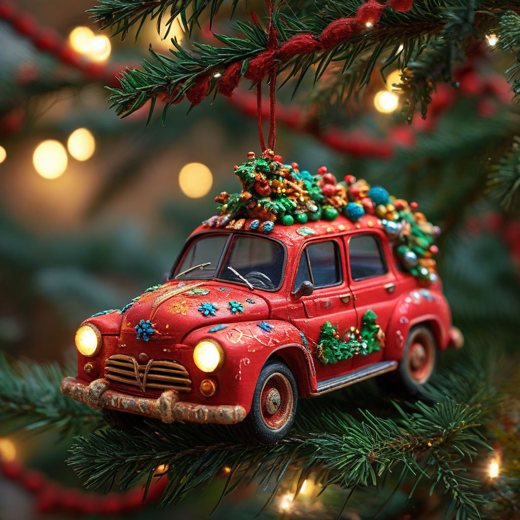 "The red car has a decorated Christmas tree in it, the New Year garland ...