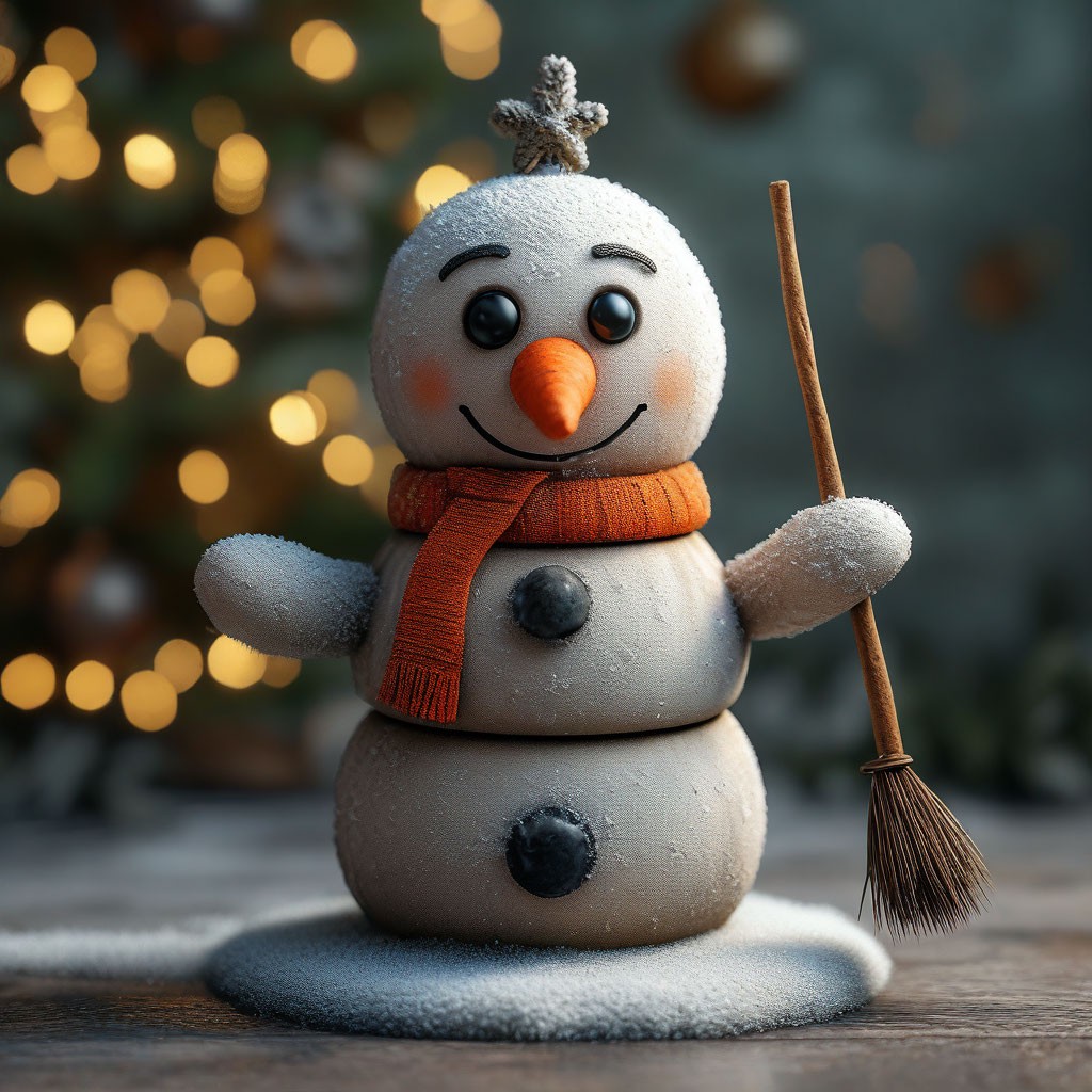 "A snowman made of three circles with a carrot nose and a broom ...