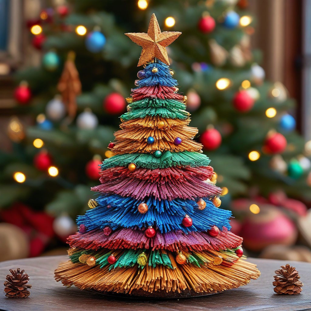 "A huge Christmas tree with rainbow toys and garlands and a huge star ...