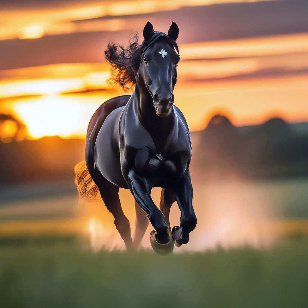 Черная лошадь бегущая по полю в …» — создано в Шедевруме