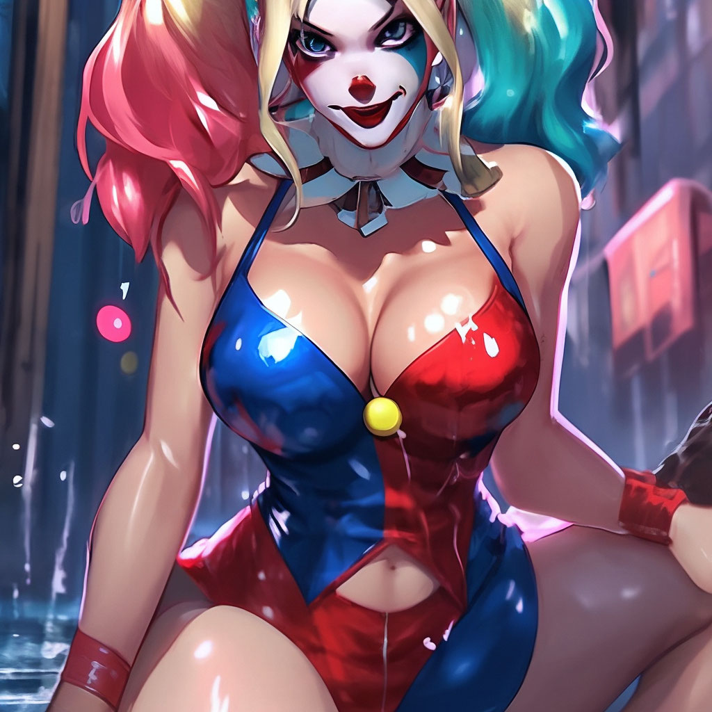 🟥 ⬛ Harley Quinn in anime style, Deep cleavage, long legs, standing bent.&...