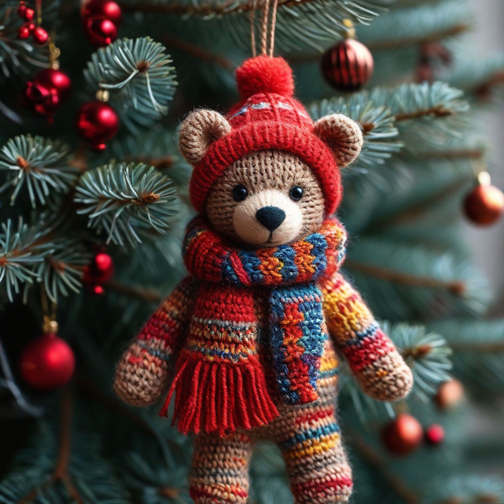 "A little bear on the background of a Christmas tree in a red hat and ...
