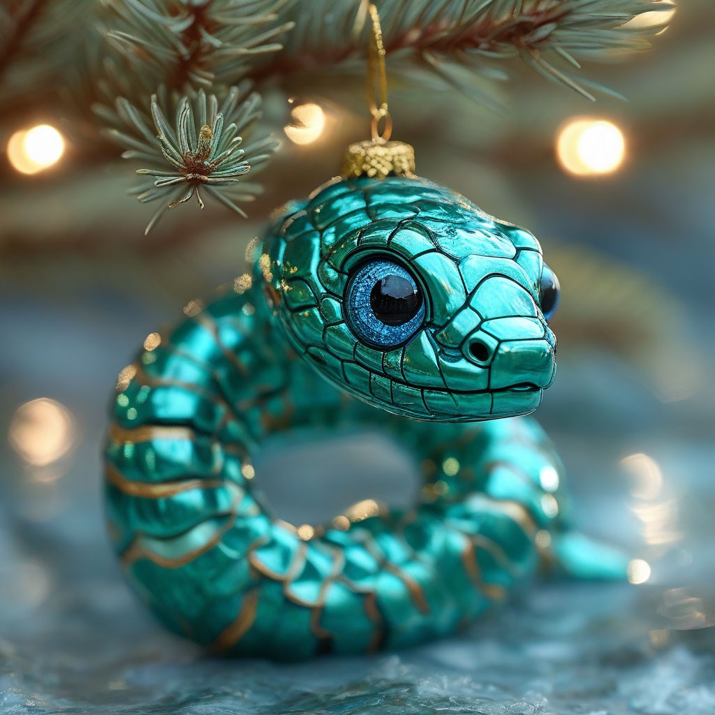 "An emerald cute snake with bright blue eyes" — image created in Shedevrum