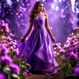 «A girl in a purple dress stands against a background of magical ...