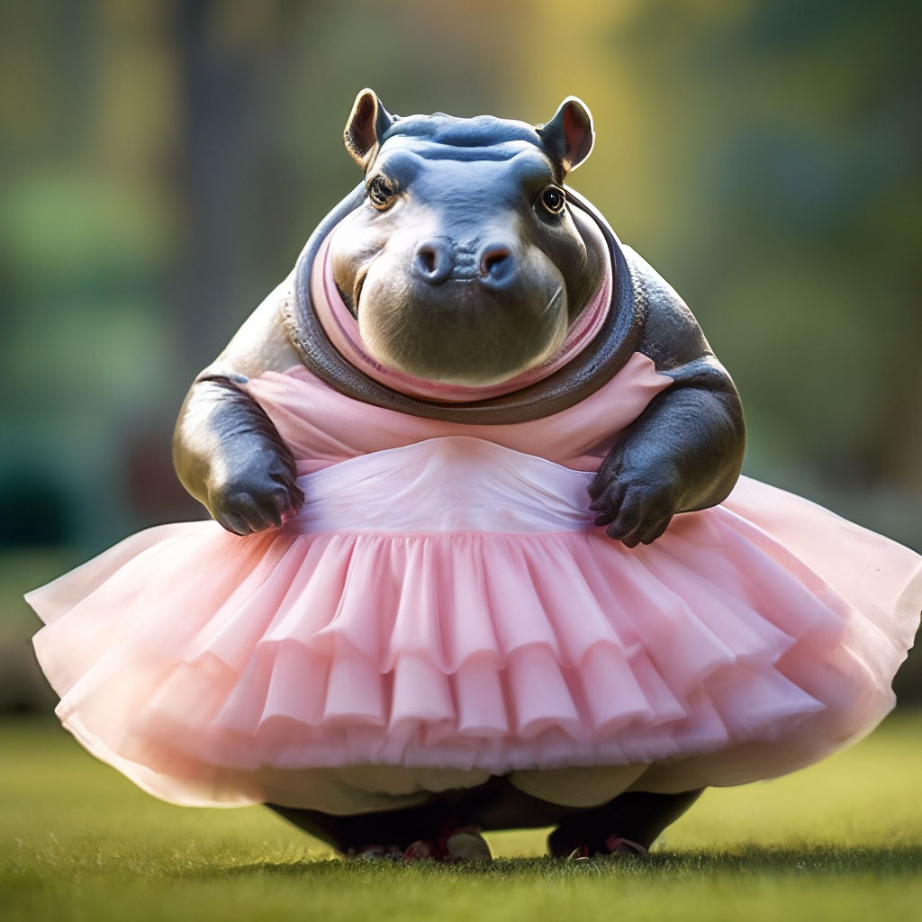 Fat hippo in a ballerina dress"  image created in Shedevrum