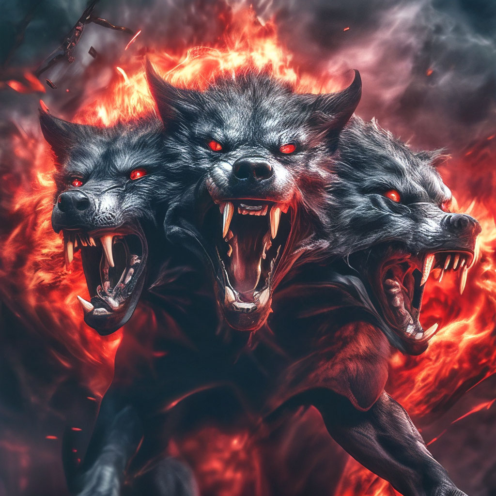 Cerberus with three heads with fur, looks, big teeth, black color