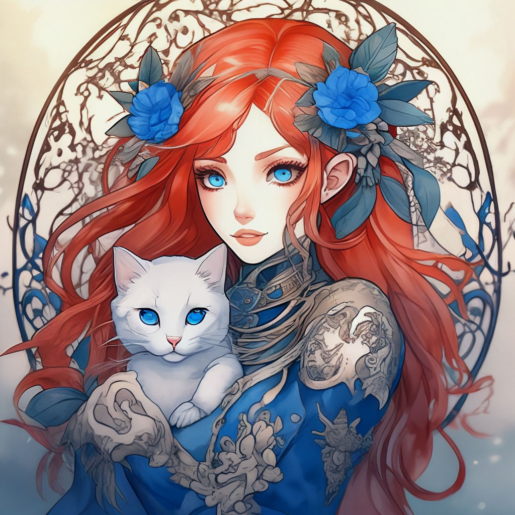 Anime elf with a cat, red hair, blue …