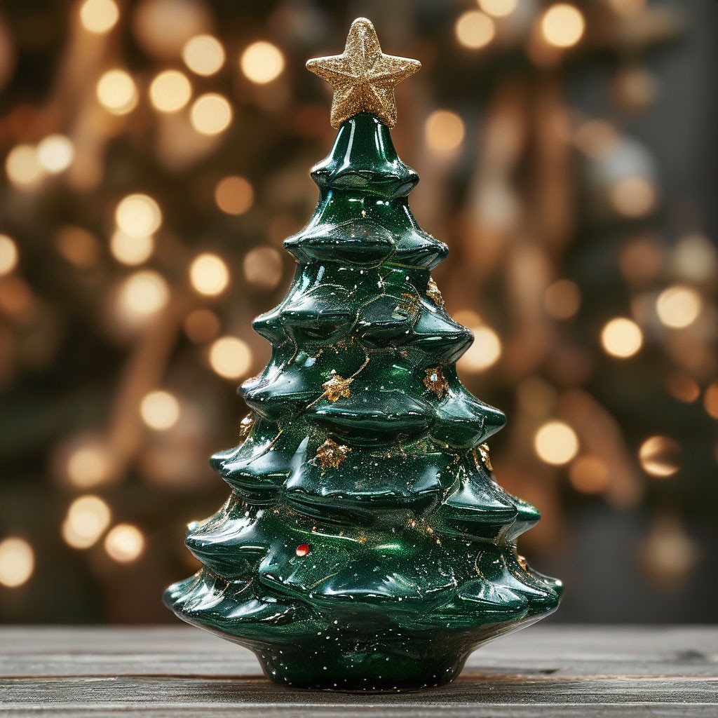 "A green elongated glass Christmas tree with a painted garland and a ...