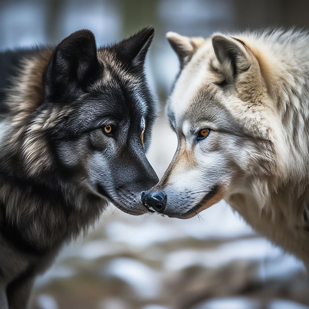 Черный волк и белая волчица в …» — создано в Шедевруме