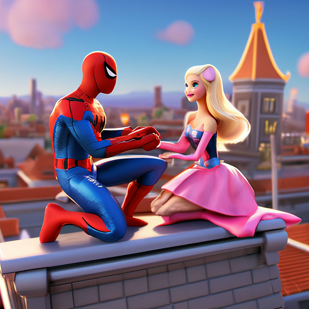 Spider Man and Barbie are sitting on image created in Shedevrum