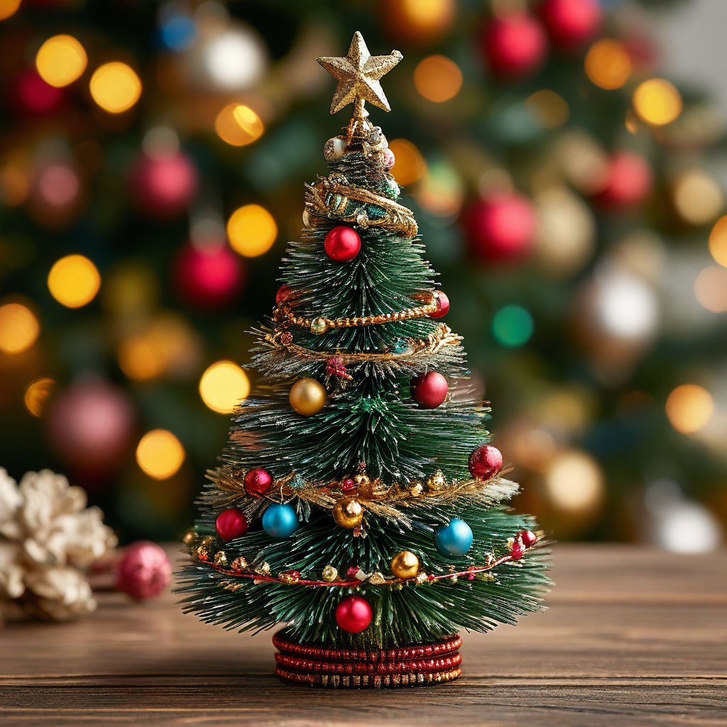 "A Christmas tree with garlands, balls, tinsel and a star on top ...