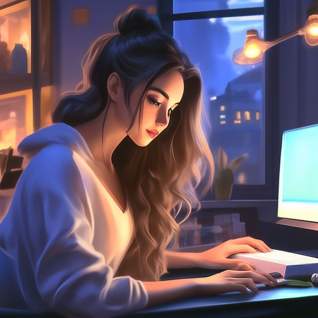 Красивая девушка учится ночью перед …» — создано в Шедевруме