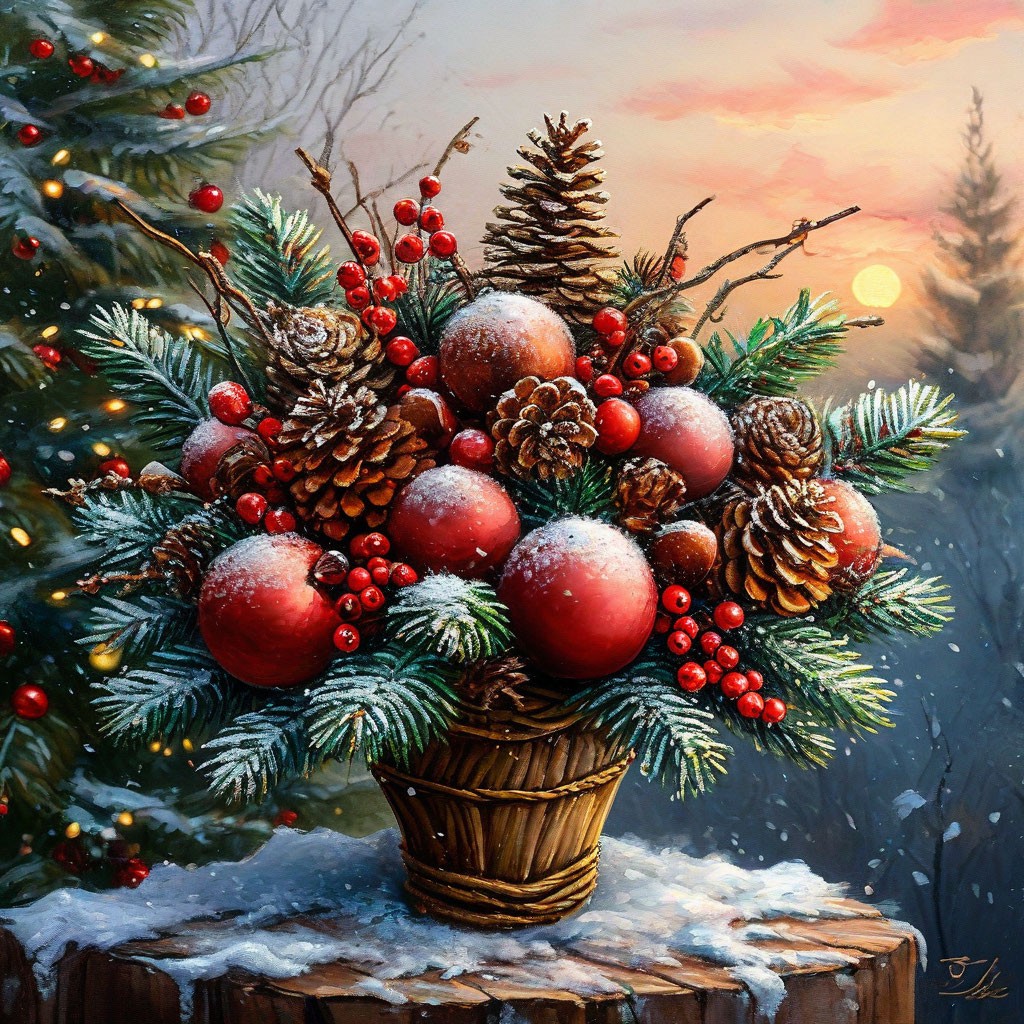 "A bouquet of fir branches with cones and Christmas balls and holly ...